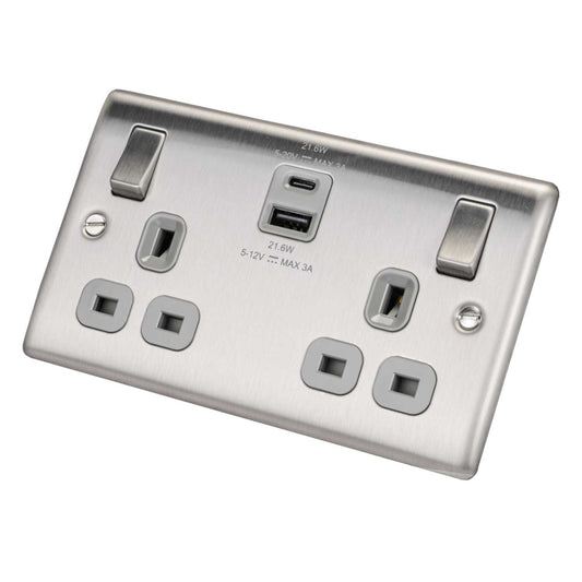 BG 13A 2 Gang Socket with 1 x Type A and Type C USB Grey Insert Brushed Steel