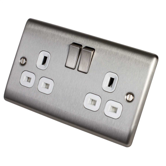 BG 13A DP 2 Gang Switched Socket White Insert Brushed Steel