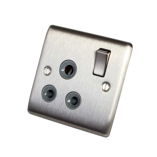 BG 15A 1 Gang Single Switched Socket Grey Insert Brushed Steel