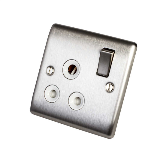 BG 15A 1 Gang Single Switched Socket White Insert Brushed Steel