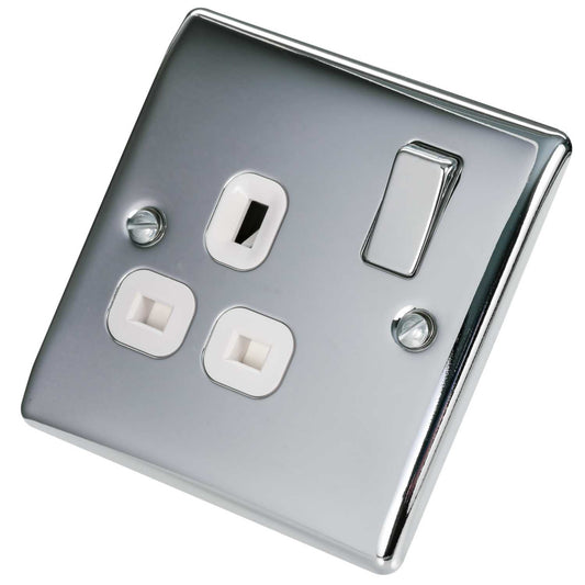 BG 13A 1 Gang Switched Socket White Insert Polished Chrome
