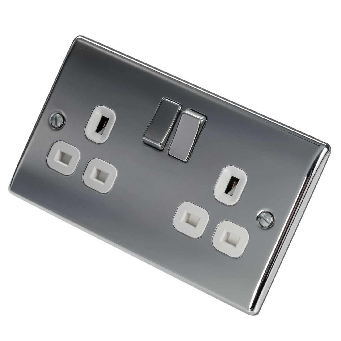 BG 13A 2 Gang Switched Socket White Insert Polished Chrome