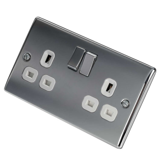 BG 13A 2 Gang Switched Socket White Insert Polished Chrome