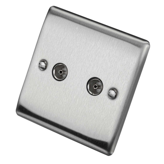 BG 1 Gang Twin Coaxial Socket Grey Insert Brushed Steel