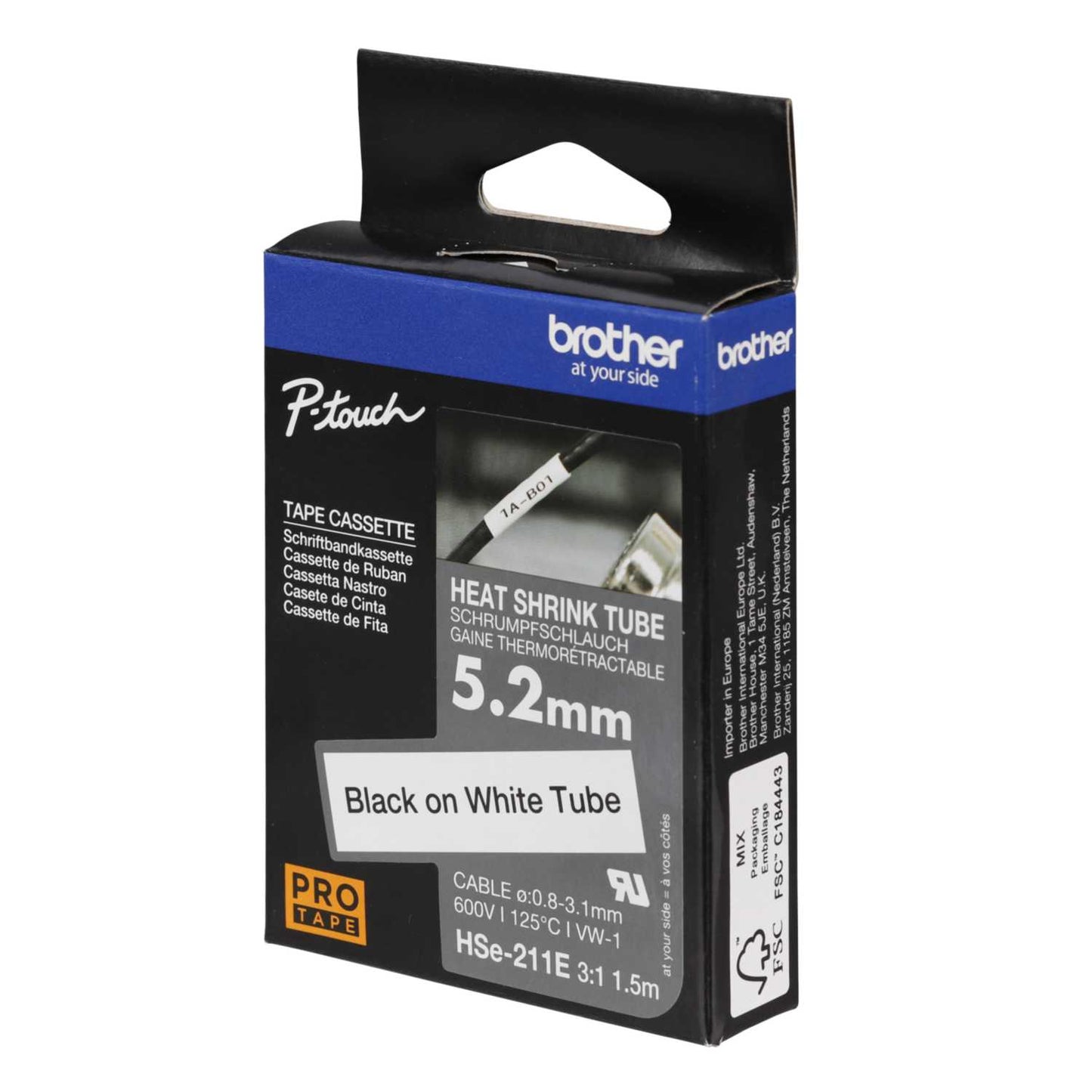 Brother 5.2mm x 1.5m Heatshrink Label Cartridge Black on White