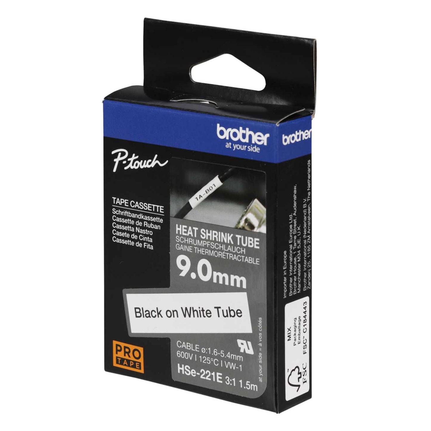 Brother 9mm x 1.5m Heatshrink Label Cartridge Black on White