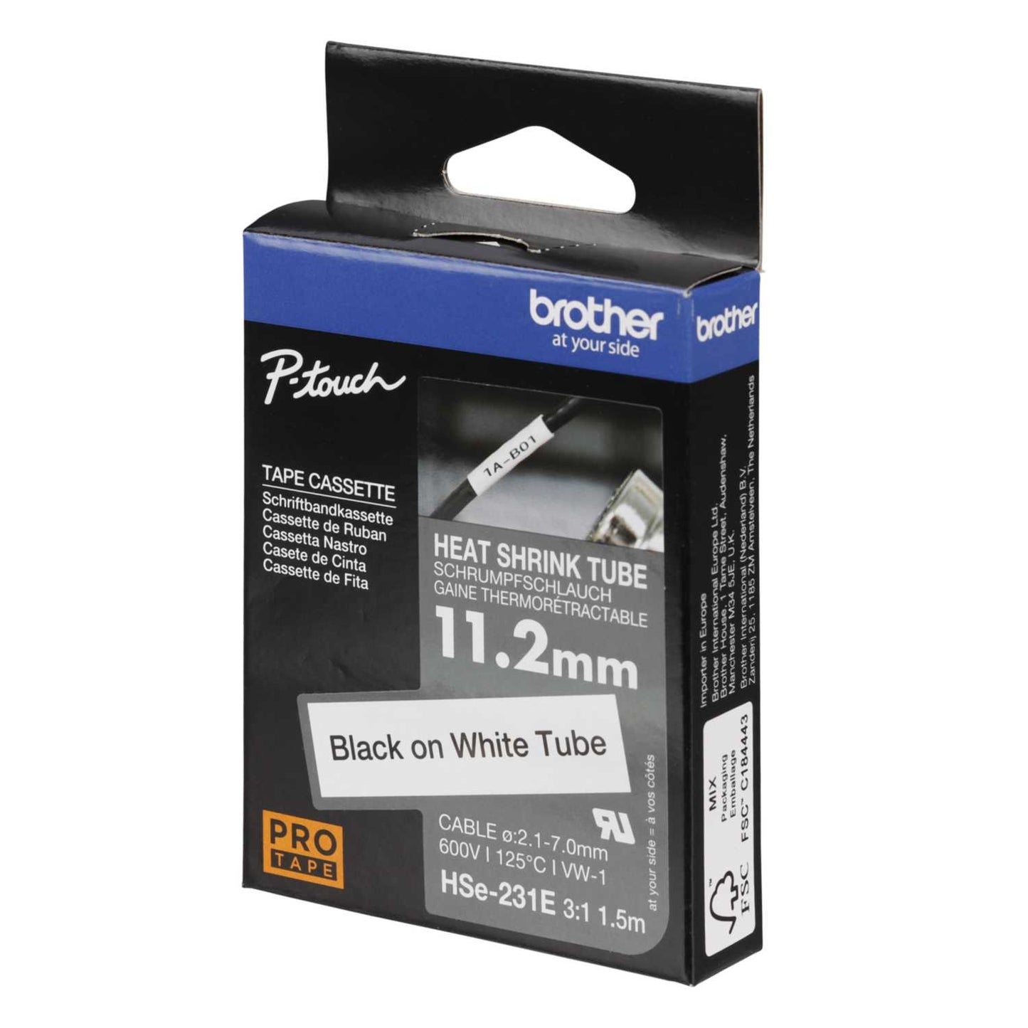 Brother 11.2mm x 1.5m Heatshrink Label Cartridge Black on White