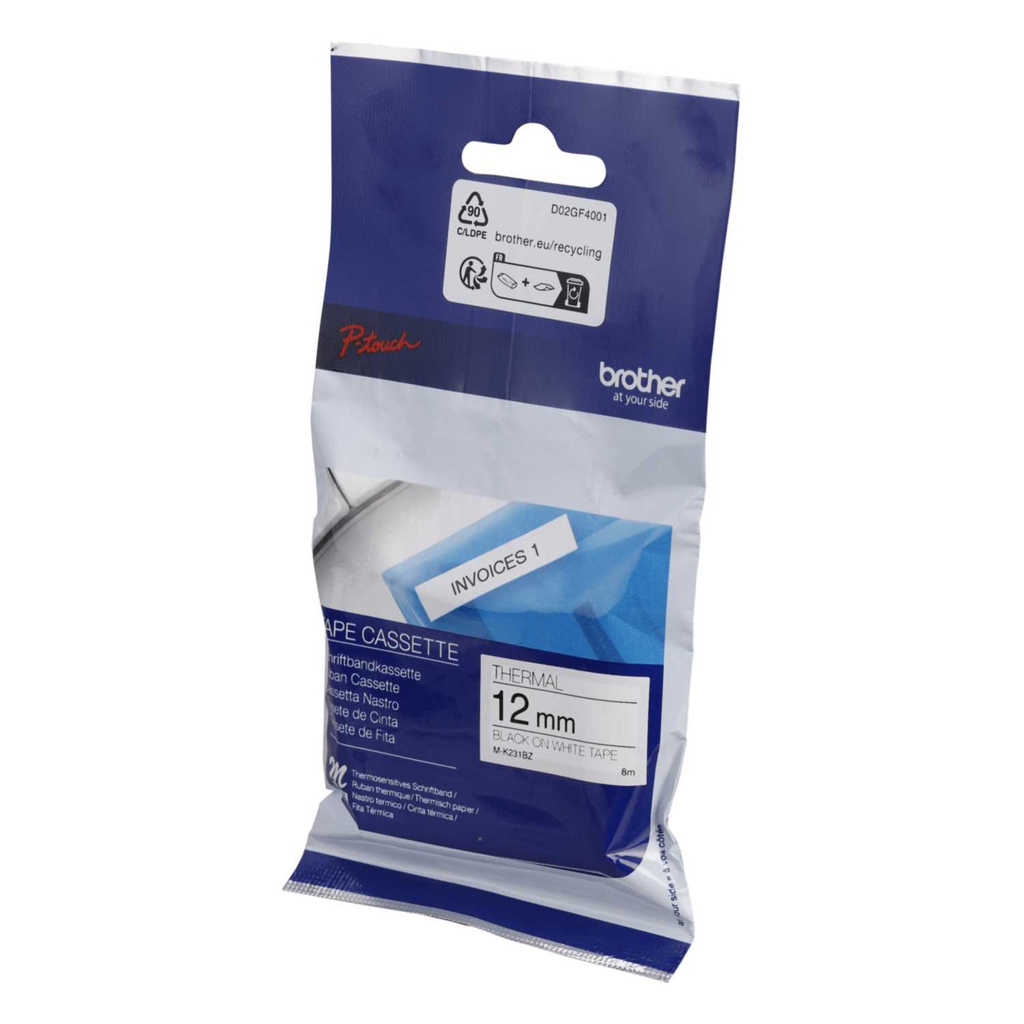 Brother 12mm x 8m Plastic Label Tape Black on White