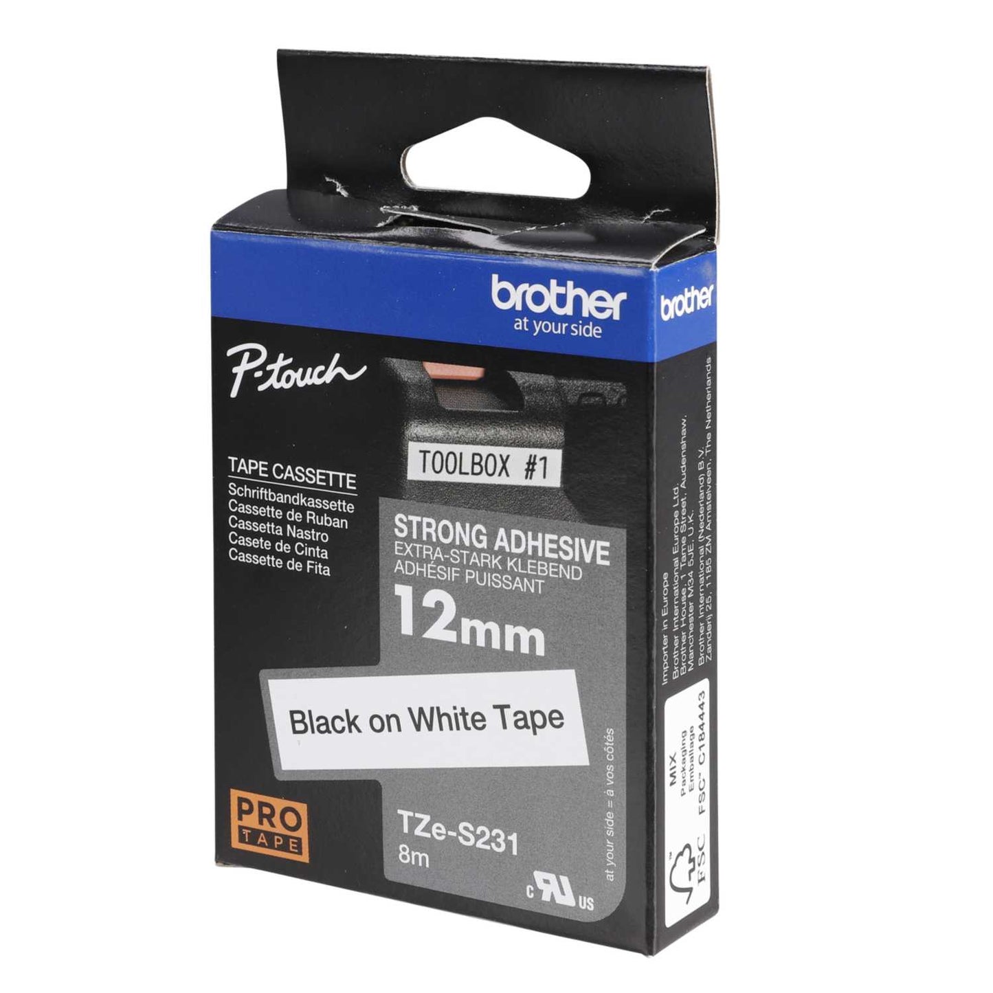 Brother 12mm Black On White Strong Adhesive Pro Tape