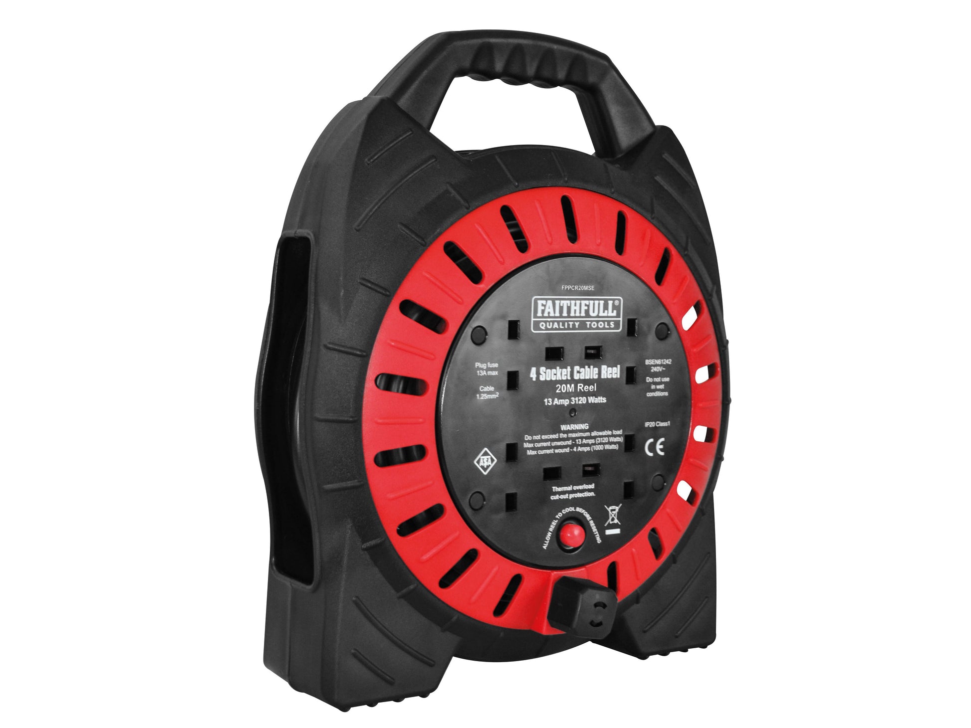 FAITHFULL FPPCR20MSE 4 SOCKET CABLE REEL 240v 13a 20m