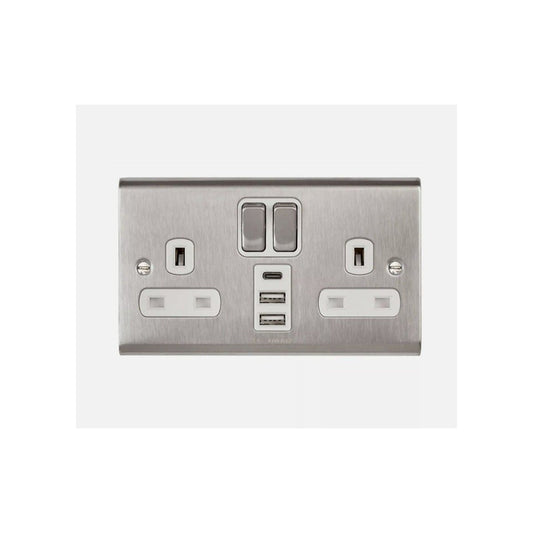 DETA SD1288SSW 2-GANG SWITCHED SOCKET WITH 3 USB PORTS 13a STAINLESS STEEL / WHITE
