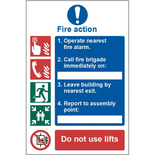 PVC SELF ADH SIGN 200mm WIDE x 300mm FIRE ACTION PROCEDURE 0175