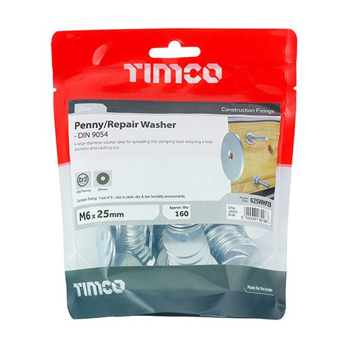 TIMCO PENNY REPAIR WASHERS BRIGHT ZINC PLATED M6 x 25mm (BAG 160) 625WHPZB
