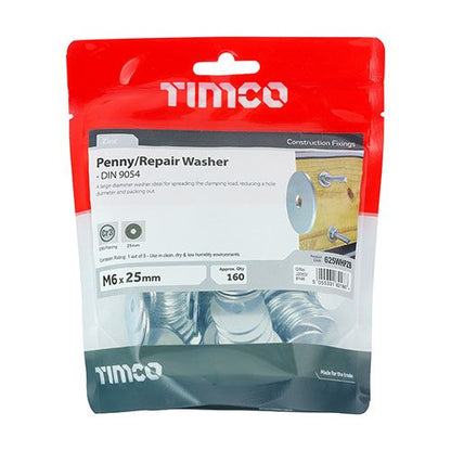 TIMCO PENNY REPAIR WASHERS BRIGHT ZINC PLATED M6 x 25mm (BAG 160) 625WHPZB