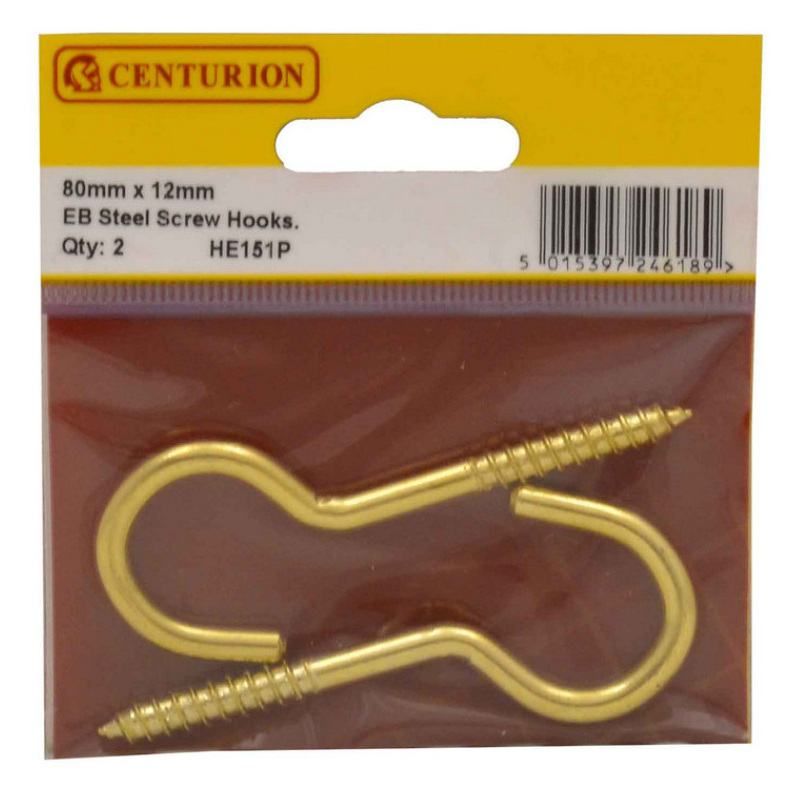 CENTURION HE151P PACK OF 2 STEEL SCREW HOOKS 12 x 80mm ELECTRO BRASS