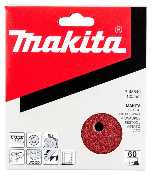 MAKITA P-43549 SANDING DISC 125MM 60 GRIT PACK OF 10 FOR BO5031 SANDER