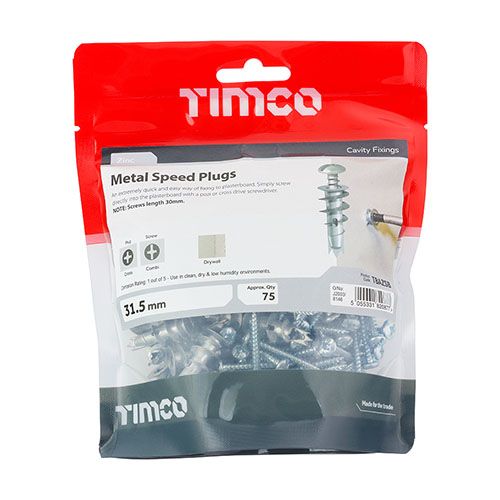 TIMCO METAL PLASTERBOARD SPEED PLUGS WITH SCREWS 4.5 x 30mm (BAG 75) TBAZSB