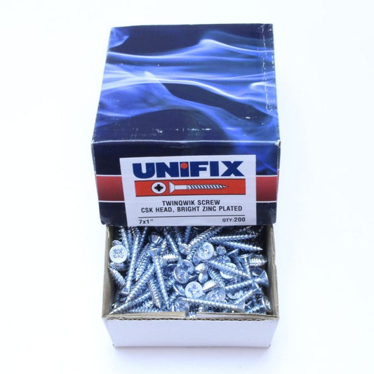 UNIFIX BZP CSK TWINTHREAD WOODSCREWS 7 x 1 BOX BOX 200 OJ077956