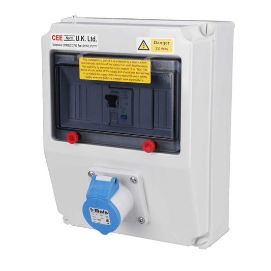 Ceenorm 16A 2P+E 230V Wall Socket with 25A 30mA Type A RCD IP44