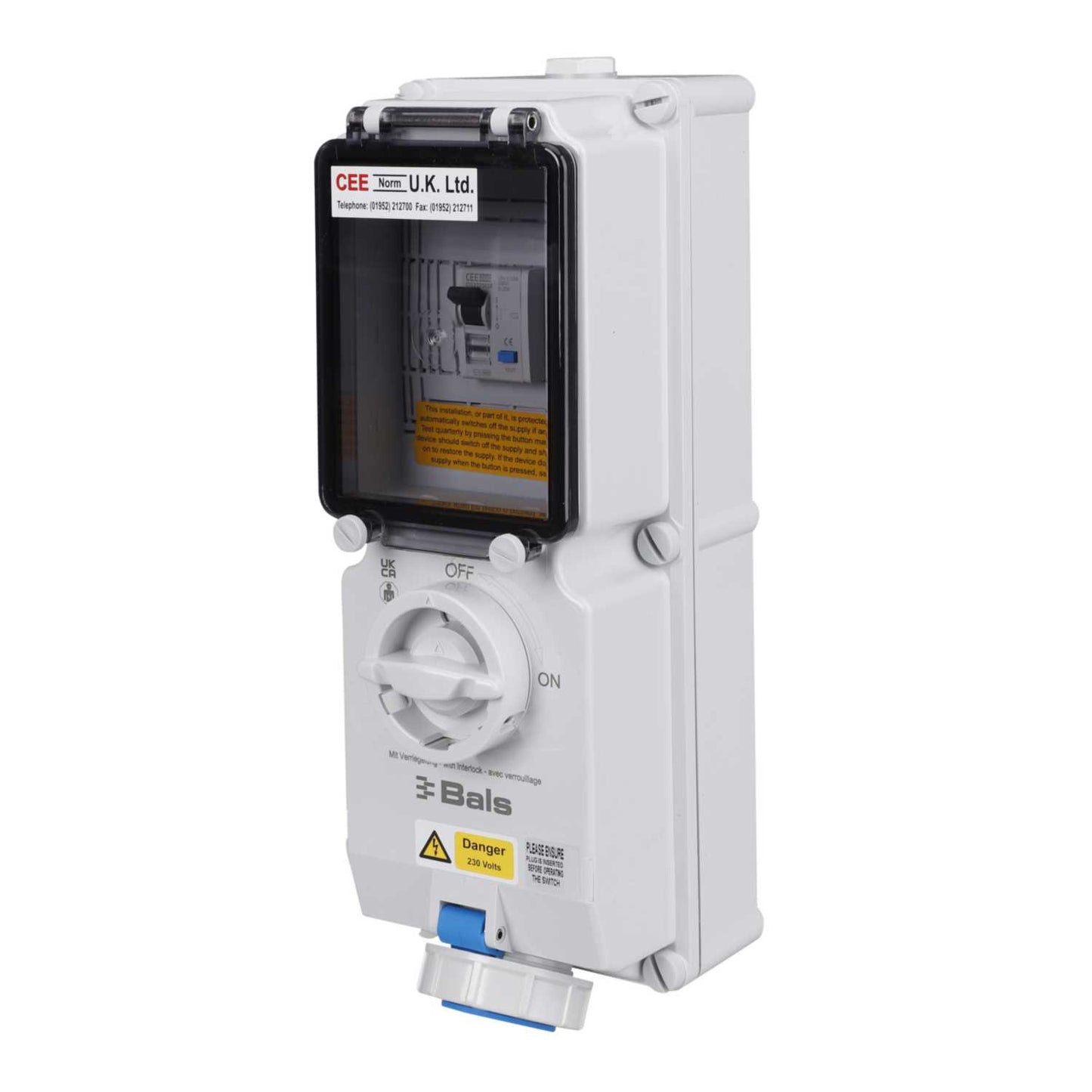 Ceenorm 16A 2P+E 230V Interlocked Wall Socket with 25A 30mA Type A RCD IP67