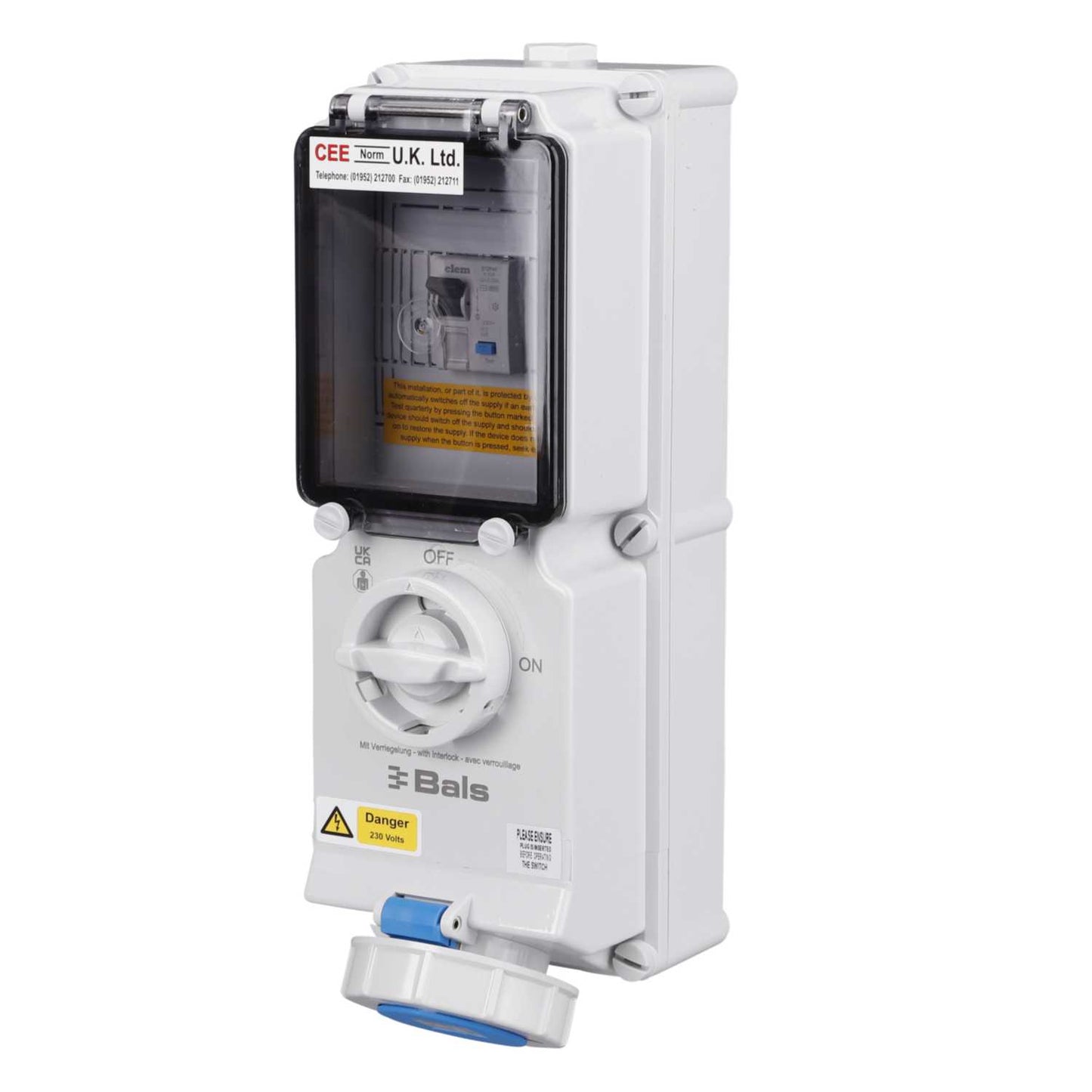 Ceenorm 32A 2P+E 230V Interlocked Wall Socket with 40A 30mA DP Type A RCD IP67