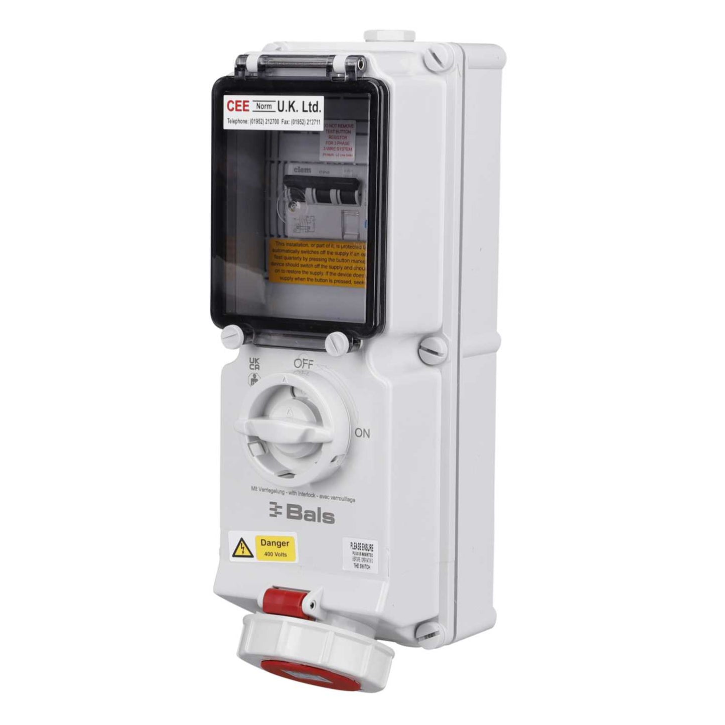 Ceenorm 32A 3P+E 415V Interlocked Wall Socket with 40A 30mA Type A RCD IP67