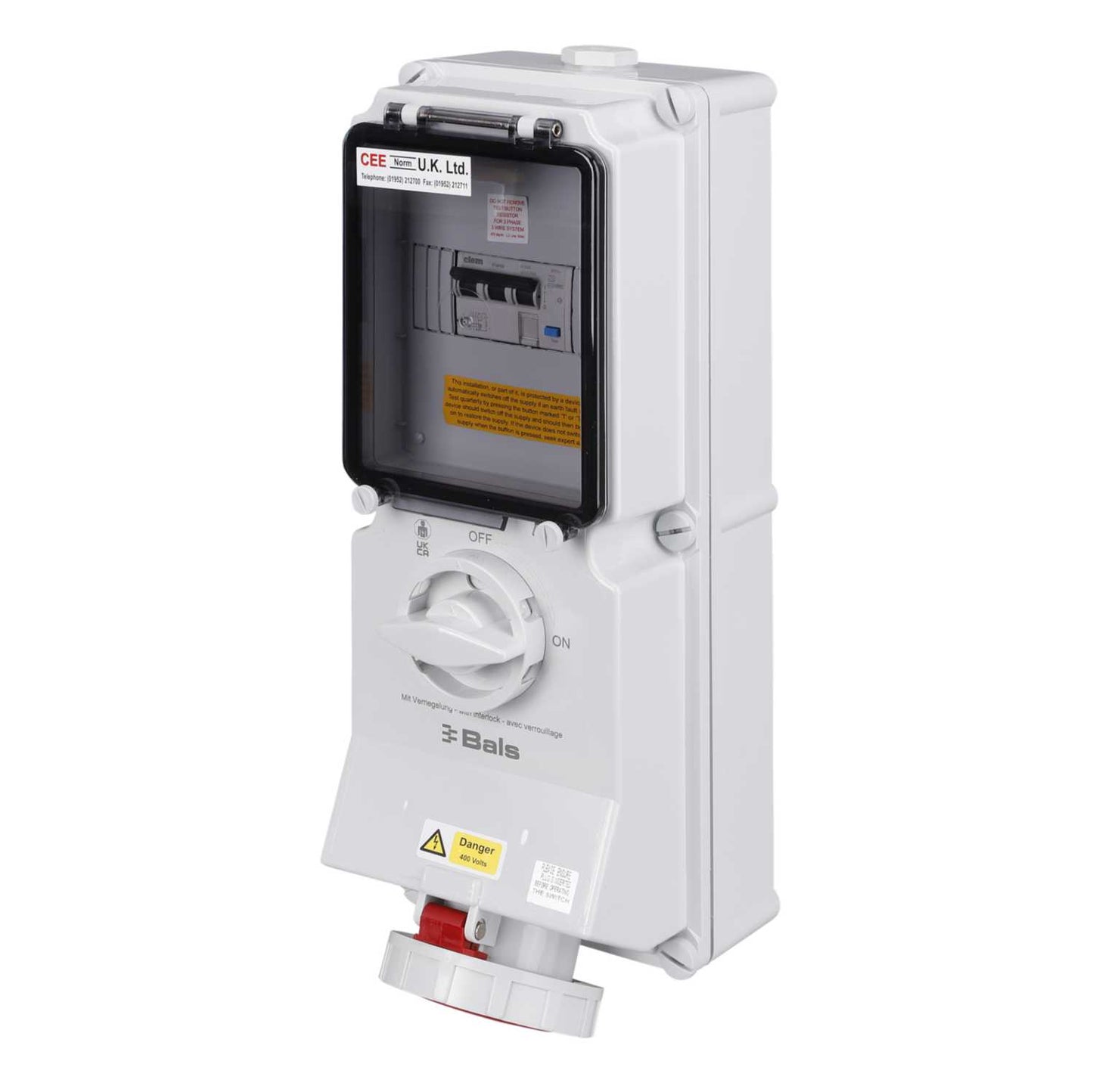 Ceenorm 63A 3P+E 415V Interlocked Wall Socket with 63A 30mA Type A RCD IP67