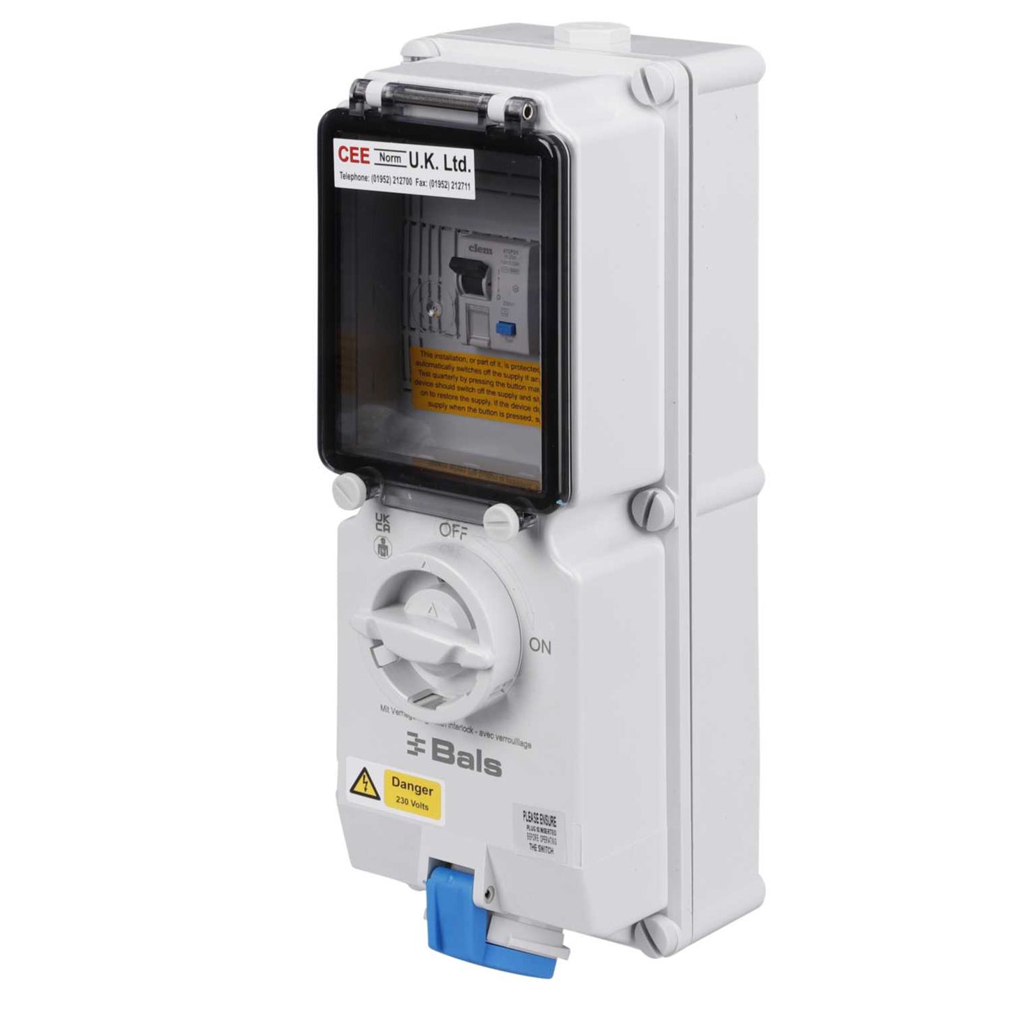 Ceenorm 16A 2P+E 230V Interlocked Wall Socket with 25A 30mA Type A RCD IP44