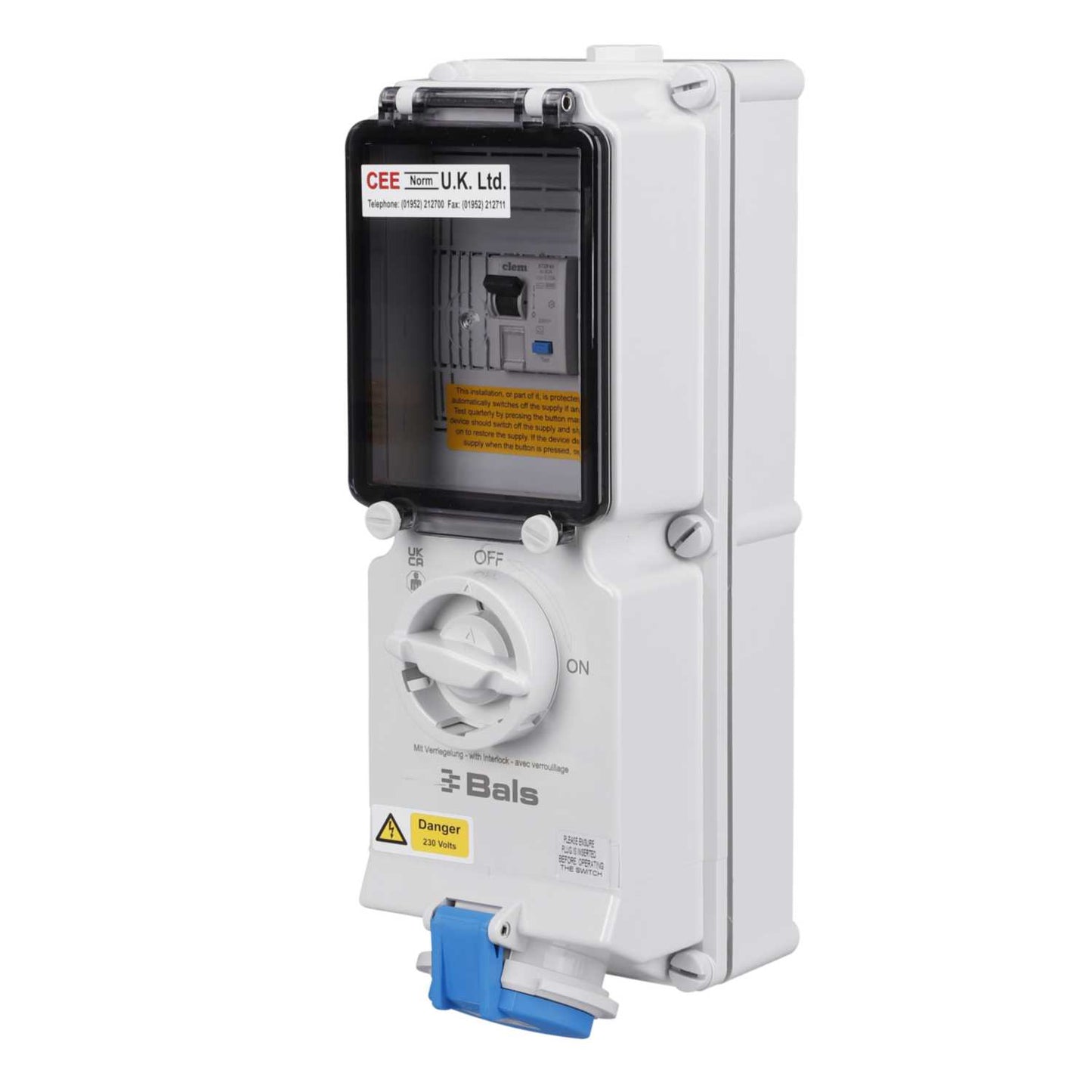 Ceenorm 32A 2P+E 230V Interlocked Wall Socket with 40A 30mA Type A RCD IP44