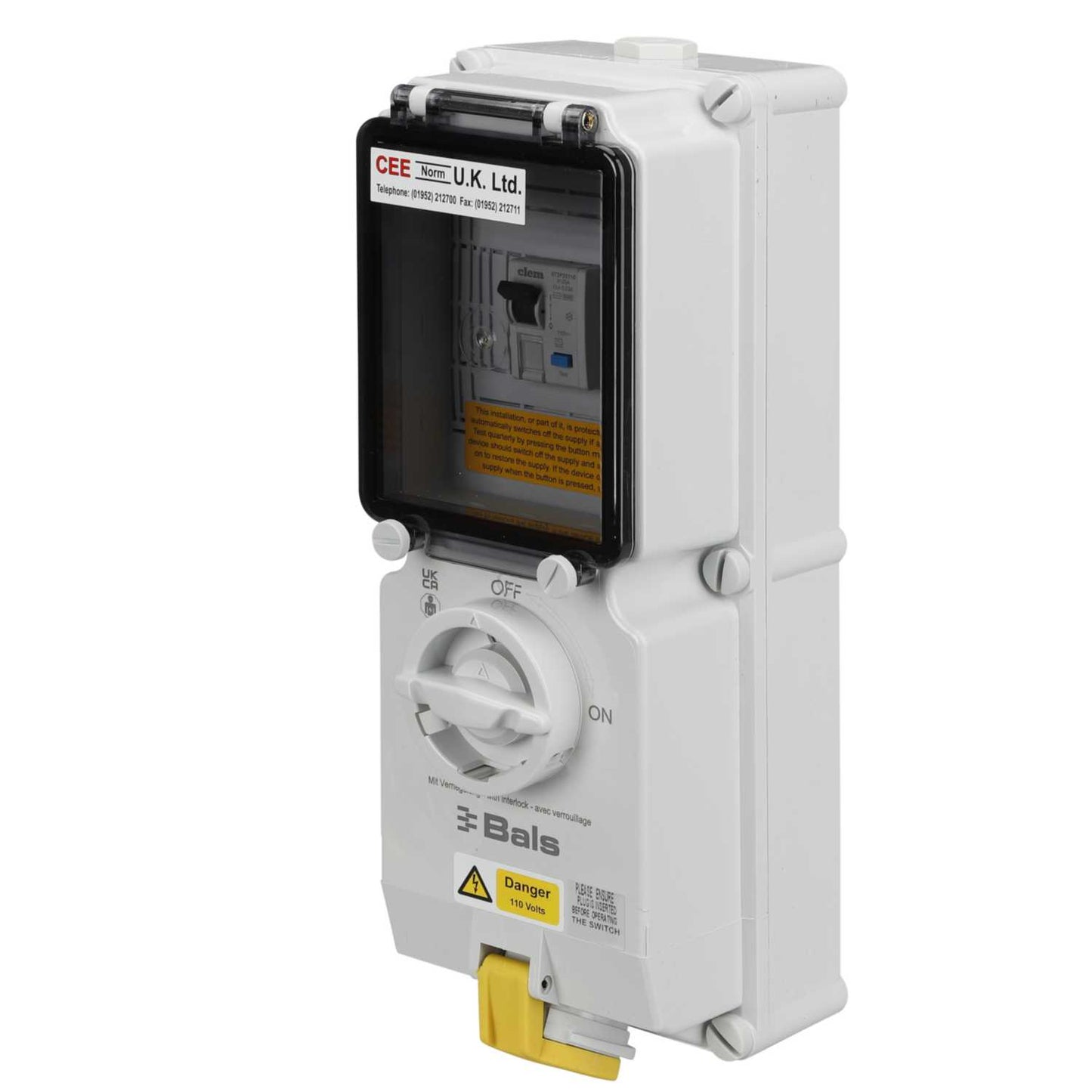 Ceenorm 16A 2P+E 110V Interlocked Wall Socket with 25A 30mA Type A RCD IP44