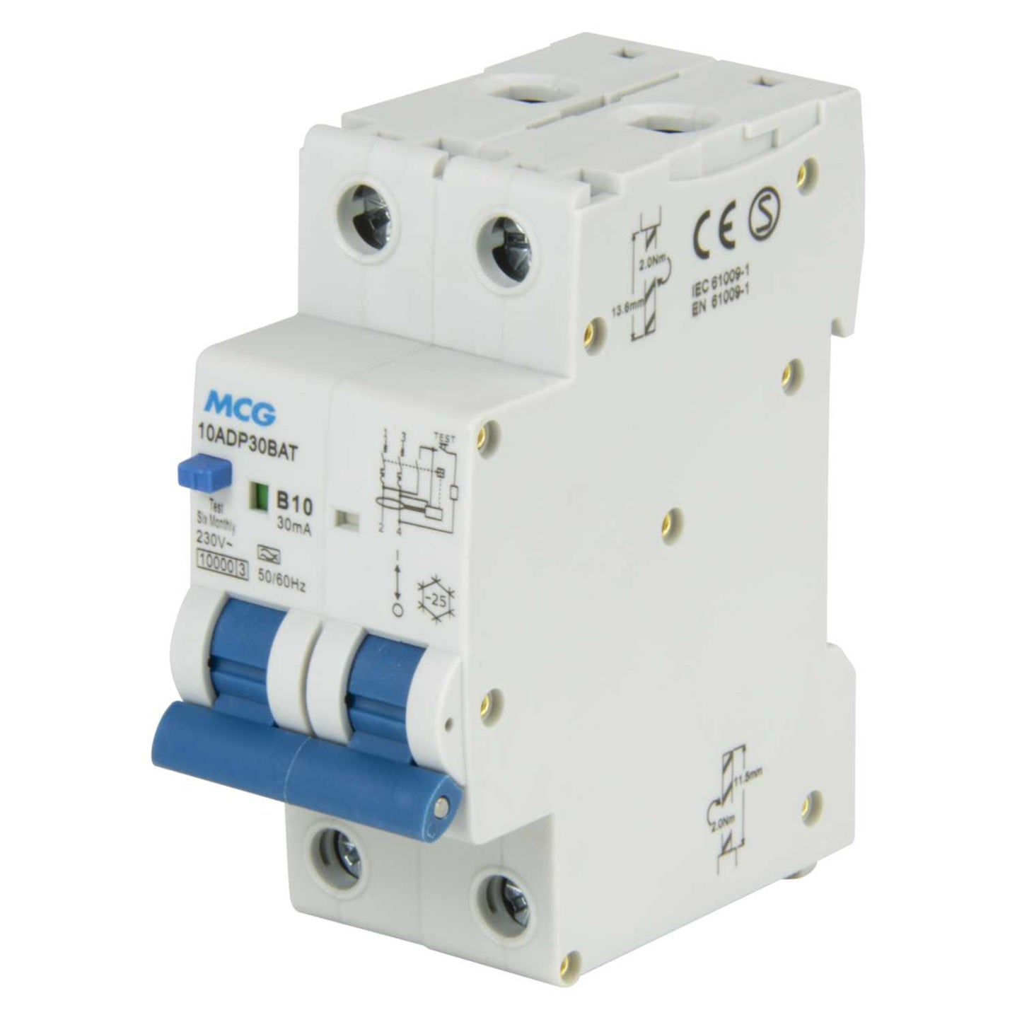 MCG 10A Double Pole 2 Module Bidirectional B Curve 10kA 30mA Type A Rcbo