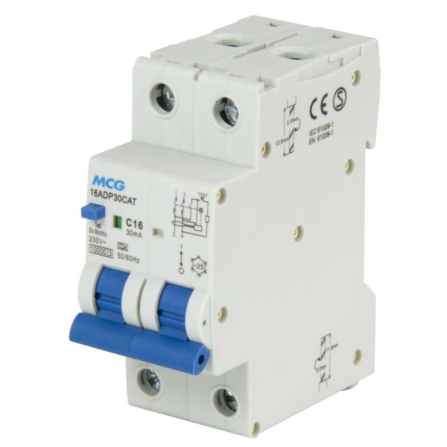 MCG 16A Double Pole 2 Module Bidirectional C Curve 10kA 30mA Type A Rcbo