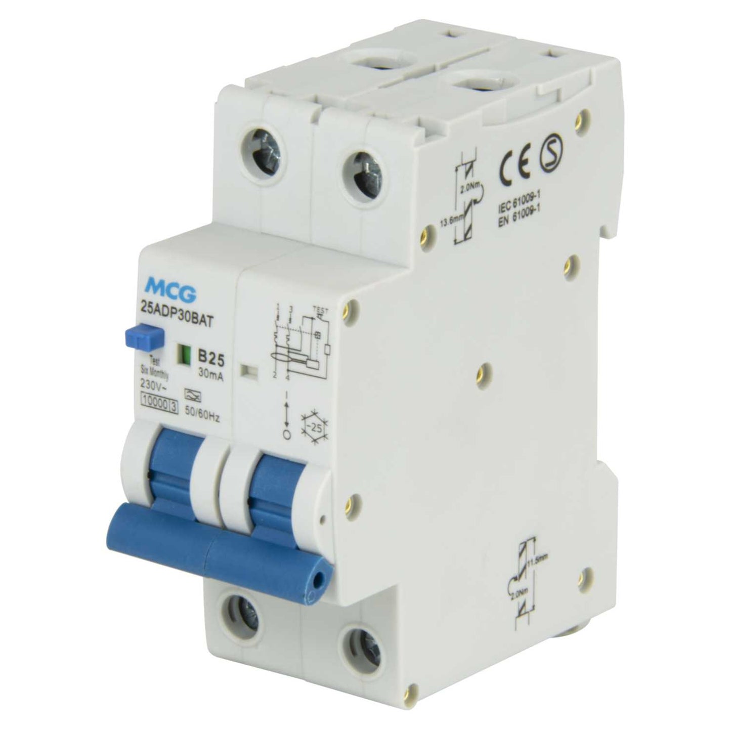 MCG 25A Double Pole 2 Module Bidirectional B Curve 10kA 30mA Type A Rcbo