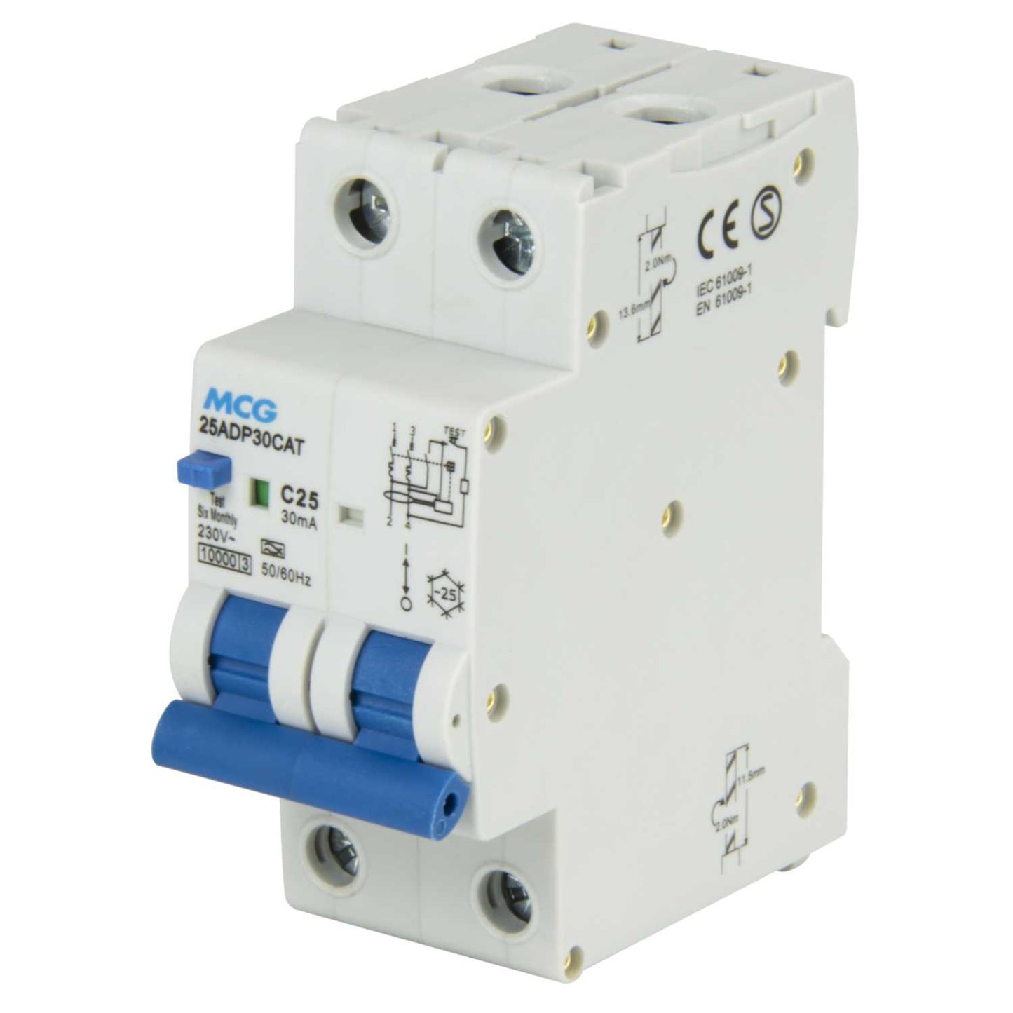 MCG 25A Double Pole 2 Module Bidirectional C Curve 10kA 30mA Type A Rcbo