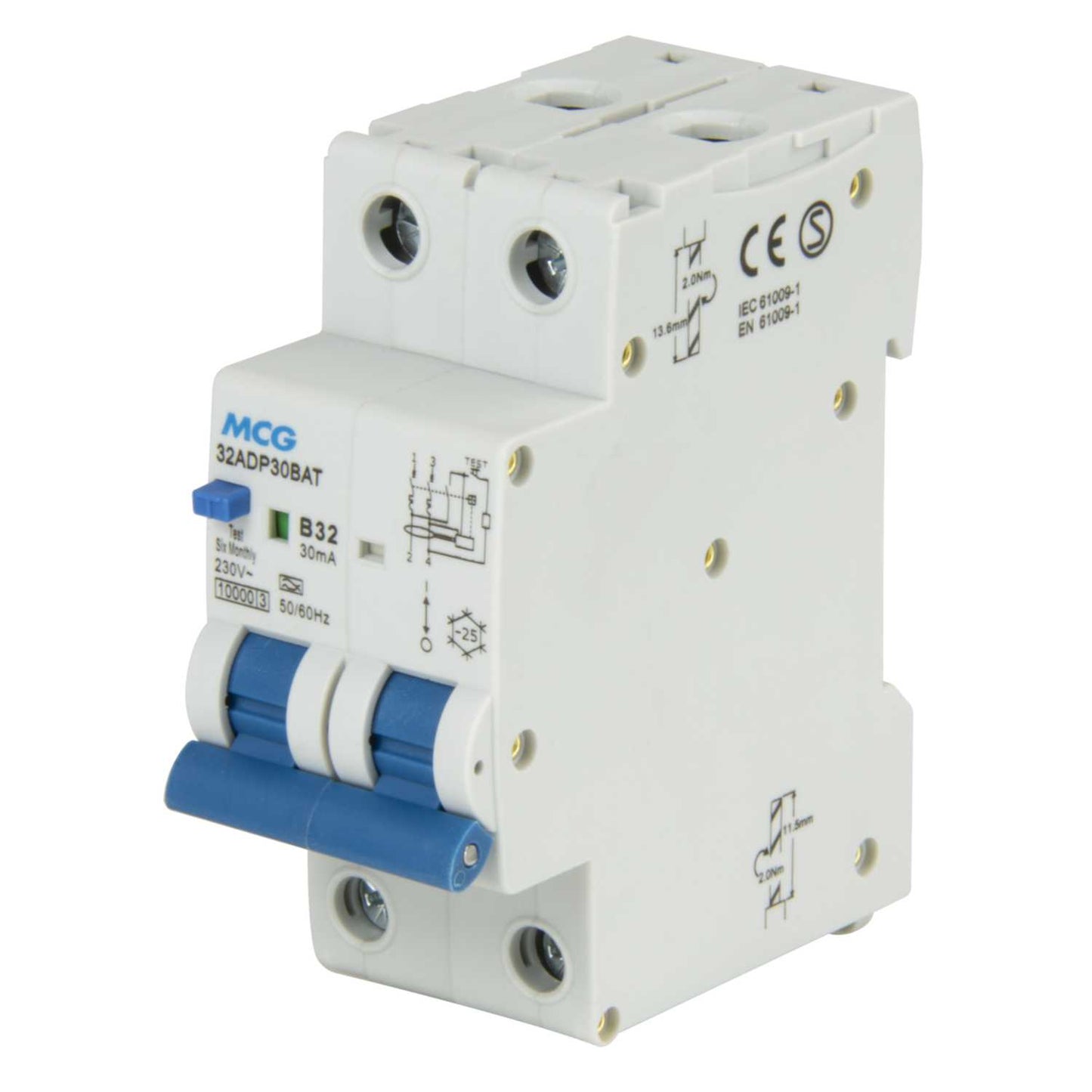 MCG 32A Double Pole 2 Module Bidirectional B Curve 10kA 30mA Type A Rcbo
