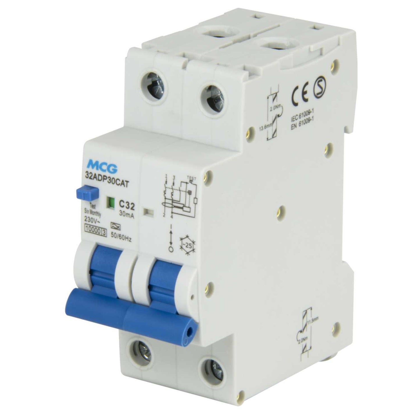 MCG 32A Double Pole 2 Module Bidirectional C Curve 10kA 30mA Type A Rcbo