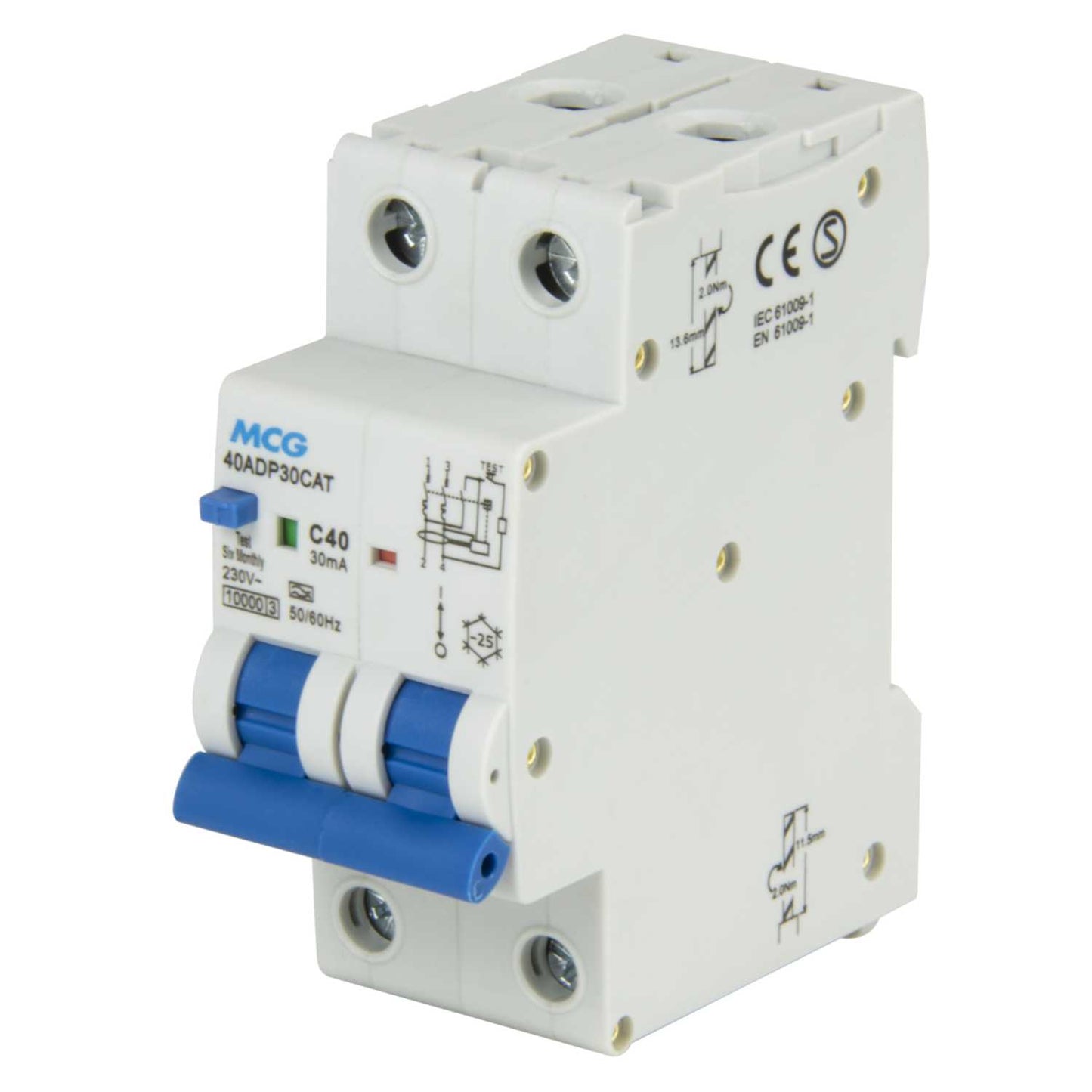 MCG 40A Double Pole 2 Module Bidirectional C Curve 10kA 30mA Type A Rcbo