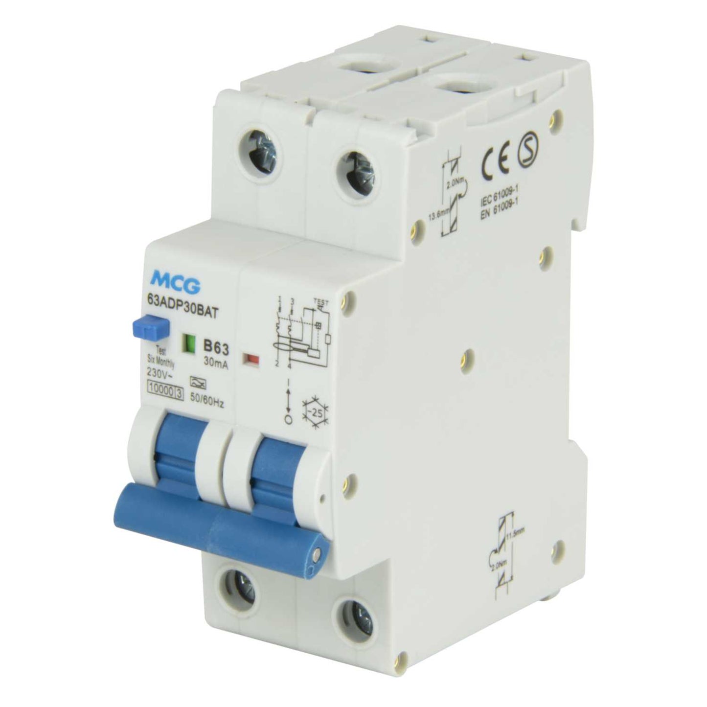 MCG 63A Double Pole 2 Module Bidirectional B Curve 10kA 30mA Type A Rcbo