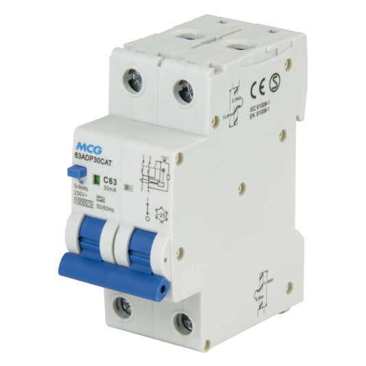 MCG 63A Double Pole 2 Module Bidirectional C Curve 10kA 30mA Type A Rcbo