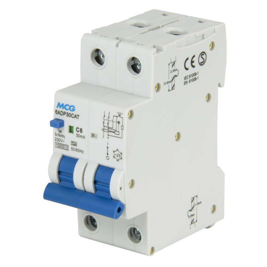 MCG 6A Double Pole 2 Module Bidirectional C Curve 10kA 30mA Type A Rcbo