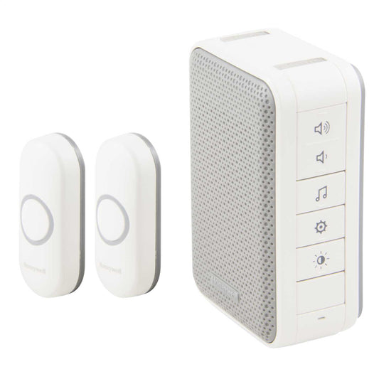Honeywell Home 150m Wireless Portable Door Chime Kit with 2 Pushes 6 Tunes LED White