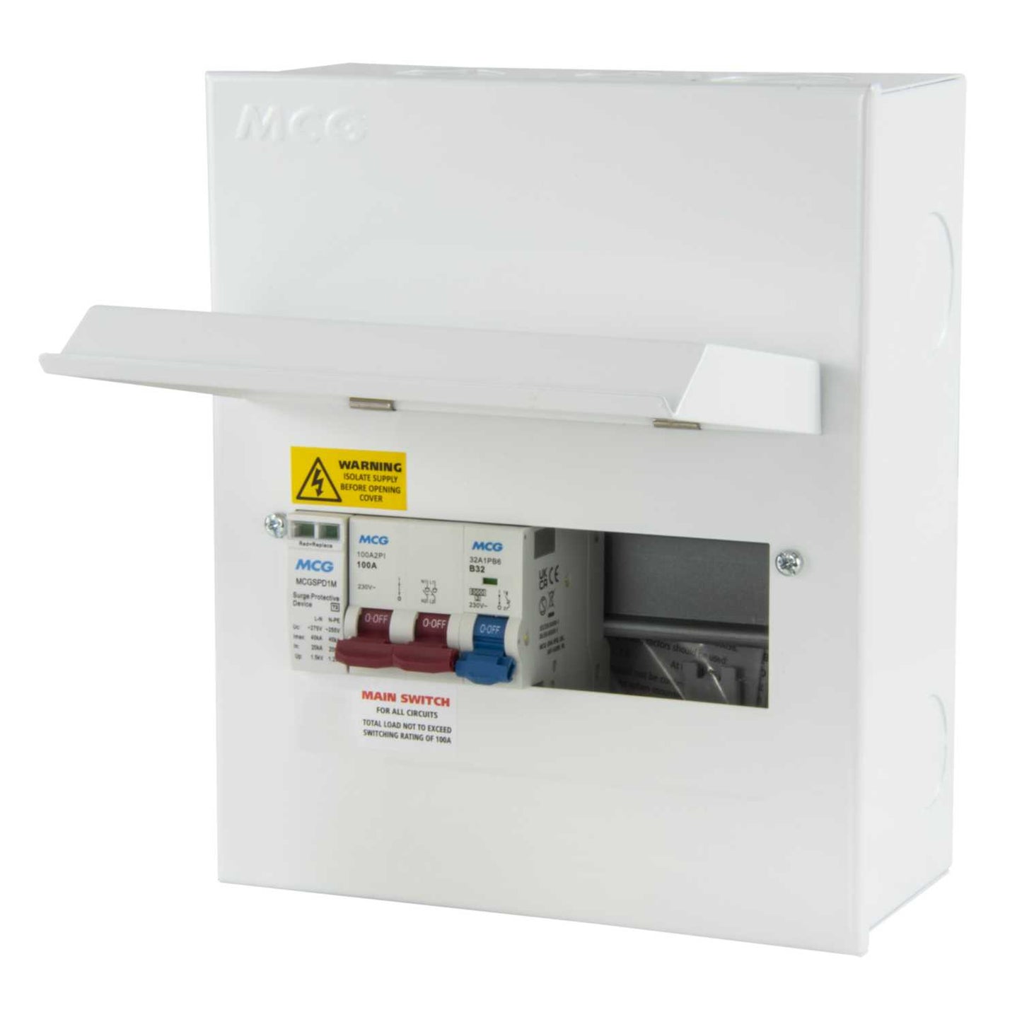 MCG 4 Way 100A Isolator Incomer Metal Clad Consumer Unit Pre-Wired SPD