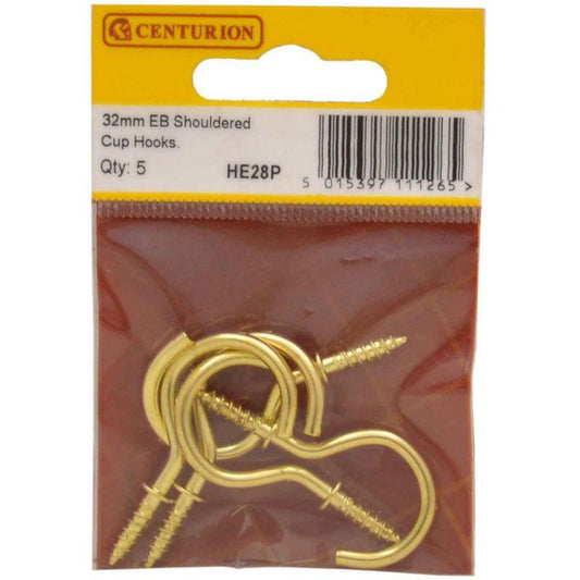 CENTURION HE28P ELECTRO BRASSED 30mm SHOULDERED CUP HOOKS PACK 5