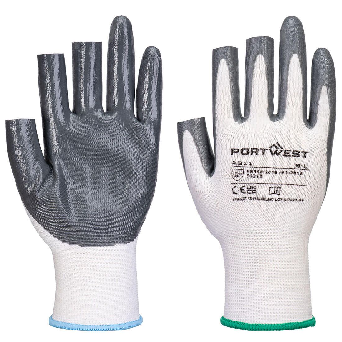 Grip 13 Nitrile 3 Fingerless Glove (Pk12), L, R, White/Grey