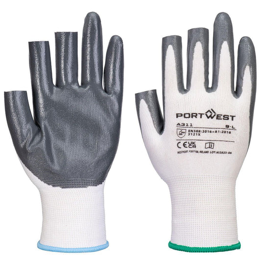 Grip 13 Nitrile 3 Fingerless Glove (Pk12), L, R, White/Grey