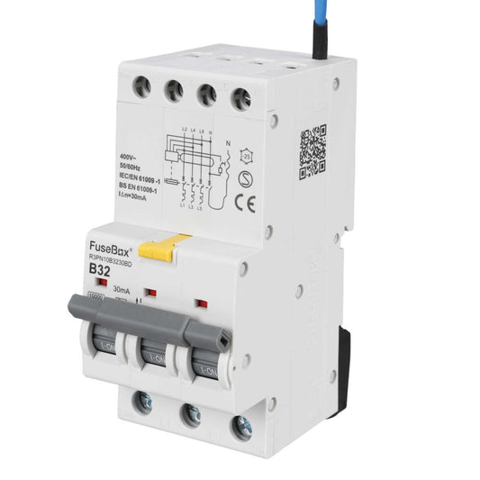 Fusebox 32A 3P+N 3 Module B Curve Bidirectional 10kA 30mA Type A Rcbo