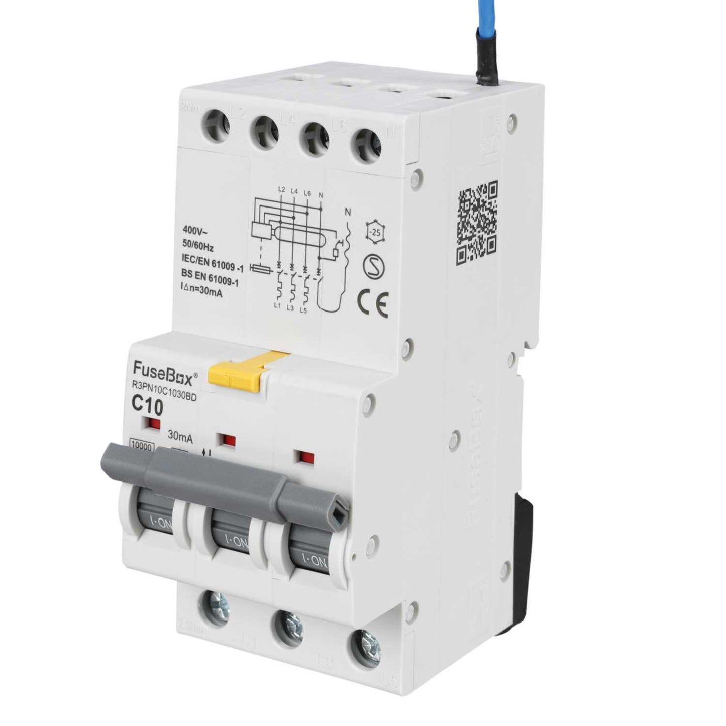 Fusebox 10A 3P+N 3 Module C Curve Bidirectional 10kA 30mA Type A Rcbo