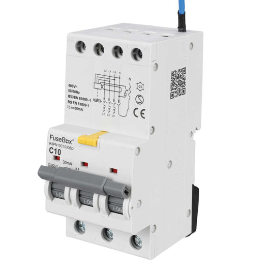 Fusebox 10A 3P+N 3 Module C Curve Bidirectional 10kA 30mA Type A Rcbo
