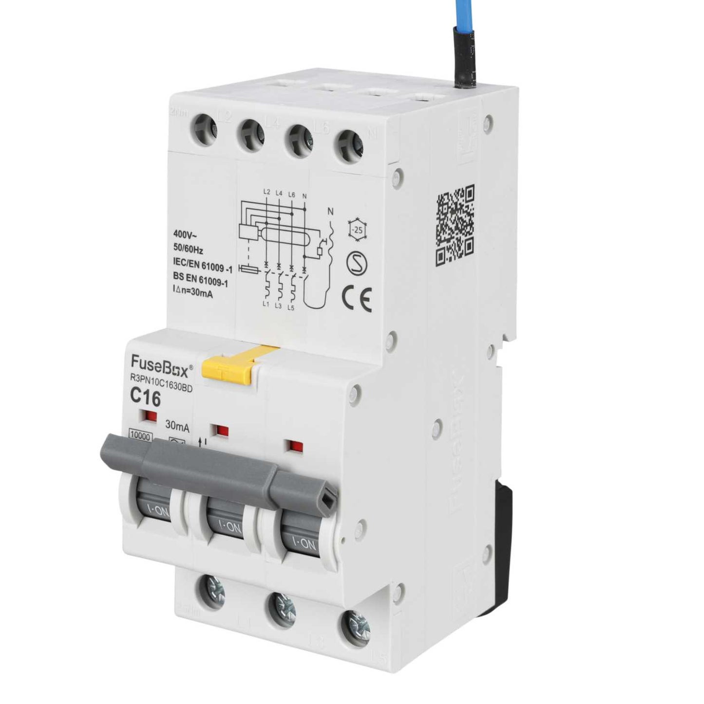 Fusebox 16A 3P+N 3 Module C Curve Bidirectional 10kA 30mA Type A Rcbo