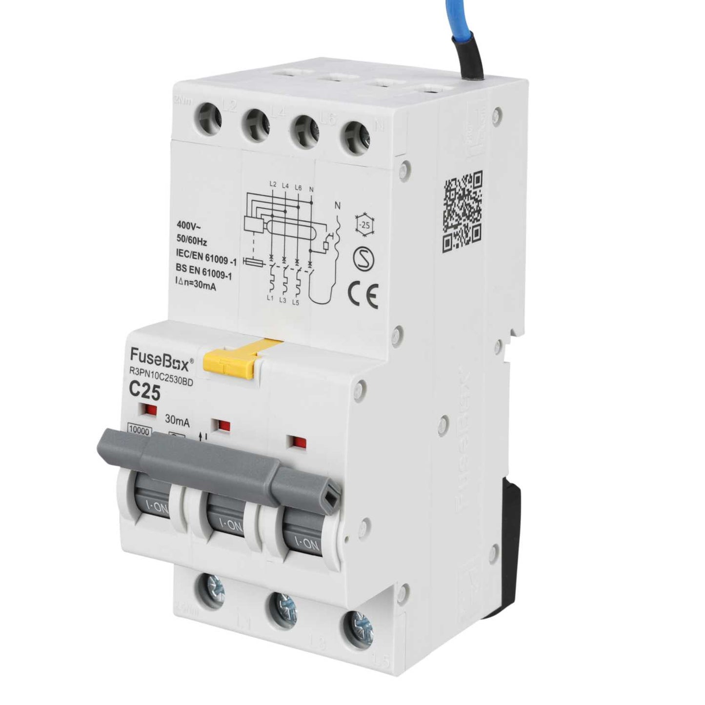 Fusebox 25A 3P+N 3 Module C Curve Bidirectional 10kA 30mA Type A Rcbo